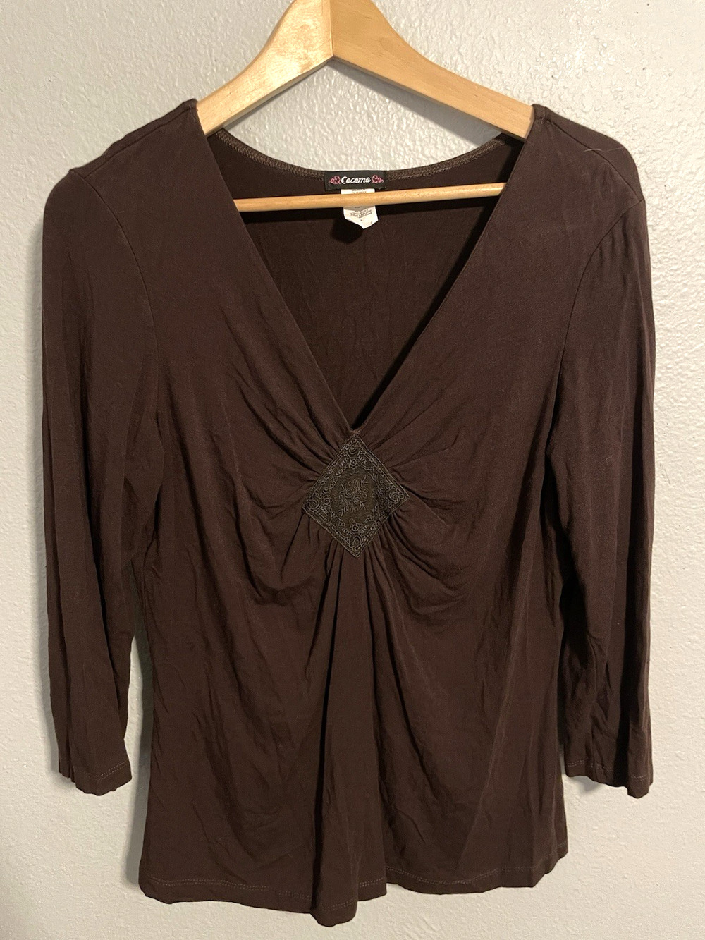 Womens Top Size Large Brown Stretch Ruched Babydoll Forest Fairy Grunge Y2K